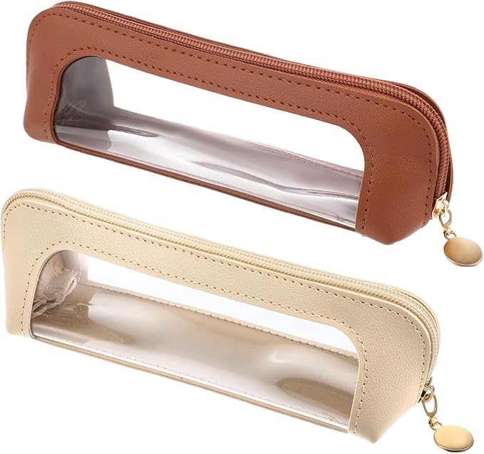 2Pcs Clear Makeup Brush Bag, Leather Slim Makeup Case, Portable Transparent Waterproof Cosmetic Pouch with Zipper, Double Sided Clear Bag for Women Travel Storage (White, Brown)