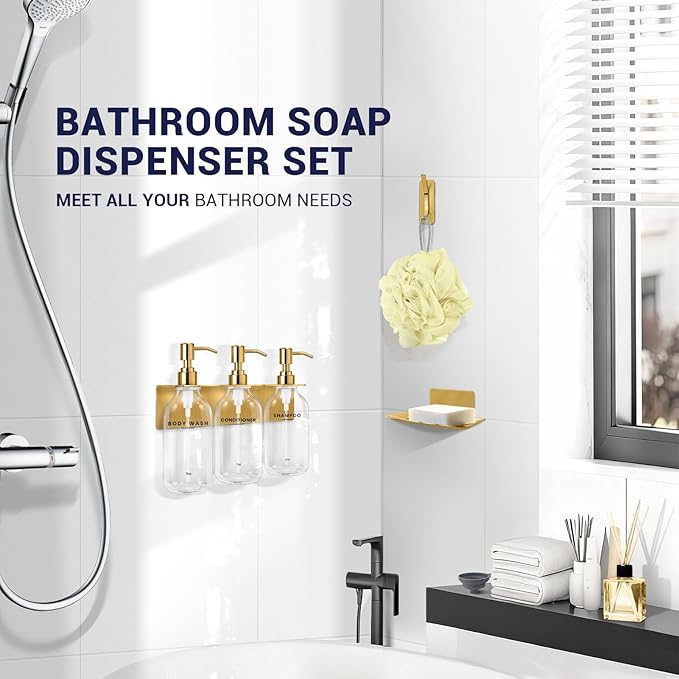 KLL Shampoo and Conditioner Dispenser - 3 Soap Dispenser Bathroom Wall Mount No Drill, Soap Holder, Hook - Refillable Shower Dispenser Pump Bottle for Bathroom Shower Accessories (Transparent)