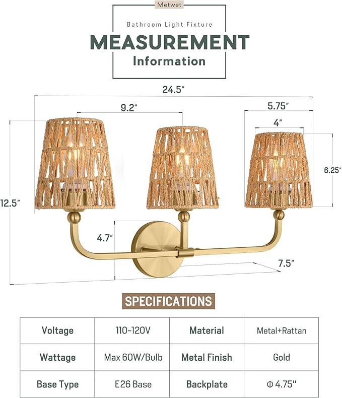 3-Light Bathroom Light Fixtures, Brushed Gold Rattan Vanity Lights with Flared Handwoven Shade, Boho Wall Sconce, Farmhouse Sconces Wall Lighting for Hallway Bedroom, VL837-BG-RA-3