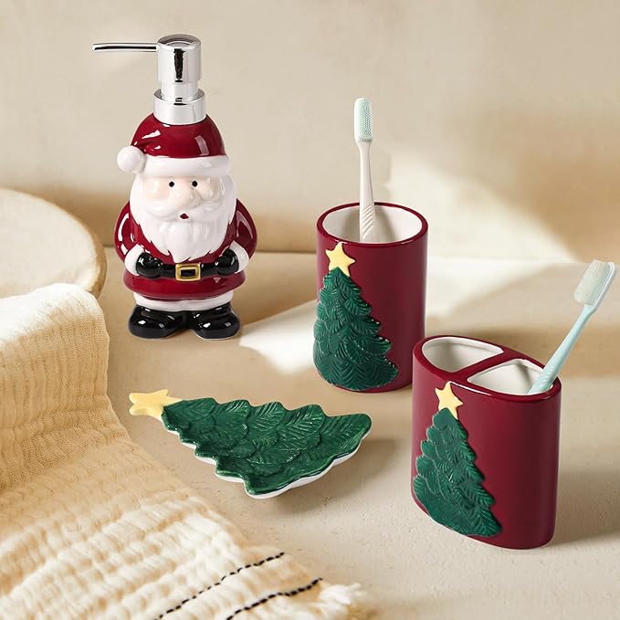 Merry Christmas Bathroom Accessories Set 4 Pieces Toothbrush Holder Soap Dispenser Ceramic Bathroom Accessory Set Contain Toothbrush Cup Soap Dish Tumbler