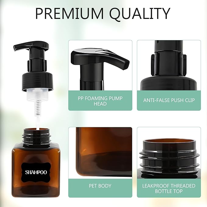 8.5 oz Foaming Soap Dispenser Plastic Foaming Pump Bottle, Refillable Dispenser with Plastic Pump, Empty Hand Bottles for Liquid Soap, Shampoo, Bathroom,Hotel,Restaurant (15, Brown)