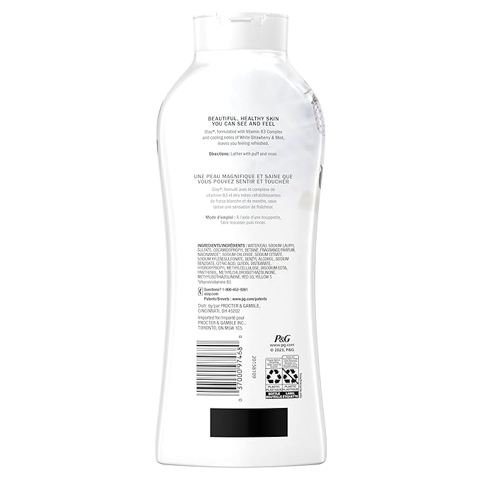 Olay Body Wash for Women, Fresh Radiance, Refreshing & Renewing, Made with Plant Based Cleansers, B3 Botanical Complex, For All Skin Types, Strawberry & Mint Scent, 22 fl oz (Pack of 4)