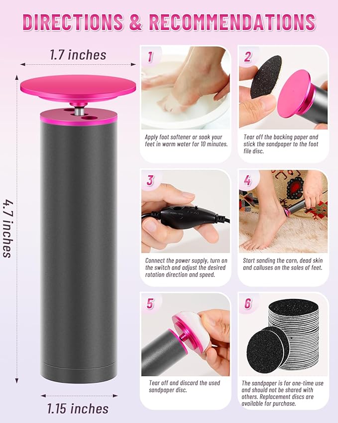 DERMAWAVE Electric Callus Remover for Feet with 60 Sandpaper Discs, Adjustable Speed Professional Foot File Electric Heel Grinder Sander Pedicure Tool for Men & Women
