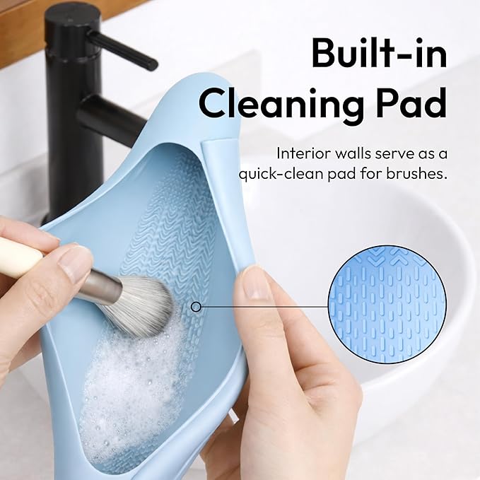 ÉCLAT Silicone Makeup Brush Holder Travel, 3 in 1 Portable Bag With Anti-Fall Out Magnetic Closure & Cleaner Mat Case, Soft Cosmetic Tool Organizer Pouch Keeps Brushes Clean & Dust Free (Blue)