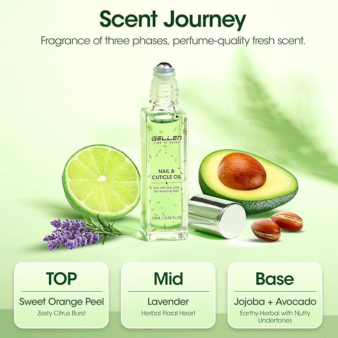Gellen Cuticle Oil, Roll-On Nail Growth Oil, Nail Oil for Nail Growth & Repair & Strength, Green Citrus Avocado Baobab Oils Vitamin E, Nail Care for Damaged Skin & Thin Nails, Soften & Nourish Cuticle