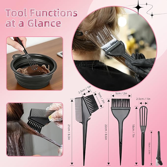 ROOHUA 8 Pcs Hair Coloring Kit - Professional Hair Dye Tools for Home Salon Use with Bowl, Brush, Comb, Clips, Gloves & Shower Cap - Reusable Supplies (8, Black)