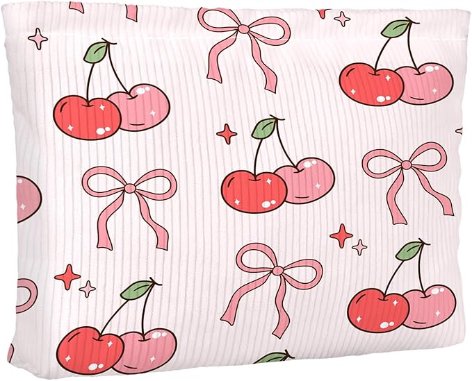 Red Bow Pink Cherry Makeup Pouch for Women Small Make Up Cherries Pattern Bag for Purse Zipper Initial Makeup Cosmetic Bags Pouches for Purse Aesthetic Travel Toiletry Bags Gift