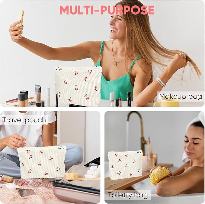 Cute Makeup Pouch for Women Cherries Small Make Up Bag for Purse Zipper Makeup Cosmetic Bags Pouches for Purse Aesthetic Travel Toiletrybags,Red Cherry Cute