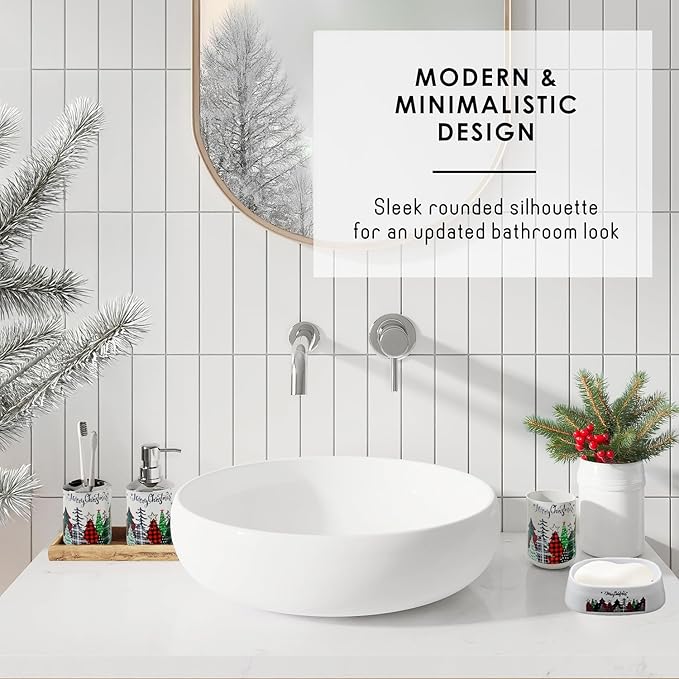 Clara Clark Bathroom Set - Christmas Shower Curtain Set, 19PC Bathroom Accessories Set, Christmas Bathroom Decor, Xmas Bathroom Accessory Set, Soap Dispenser, Toilet Brush, & Trash Can