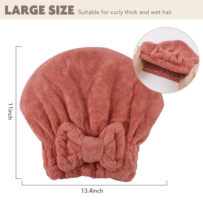SUNLAND Large Microfiber Hair Drying Caps with Bow Knot Fast Drying Shower Cap Soft and Absorbent hairWrap Hair Turban Bath Caps for Curly Thick and Wet Hair 11 X 13.4 inch 2 Pack Red
