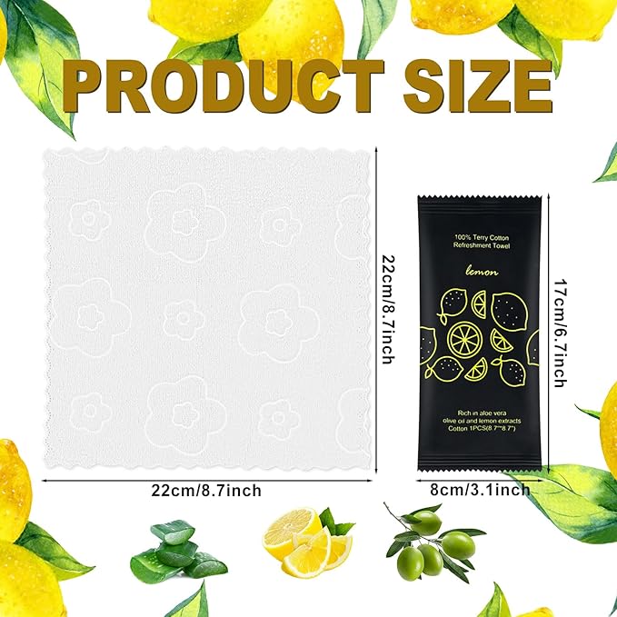 Hot or Cold Moist Cotton Towel Bulk Moist Towelettes Individually Wrapped 8.7" x 8.7",White Towel Services,Refreshment Pre Moistened Towels Lemon Scent for Travel Sport Party Spa Dentist Hote100