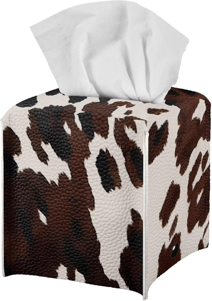 Cowhide Print Tissue Box Cover Modern Square Tissue Box Organizer Decorative PU Leather Facial Paper Holder for Bathroom Vanity Countertop Bedroom Dresser Office Desk