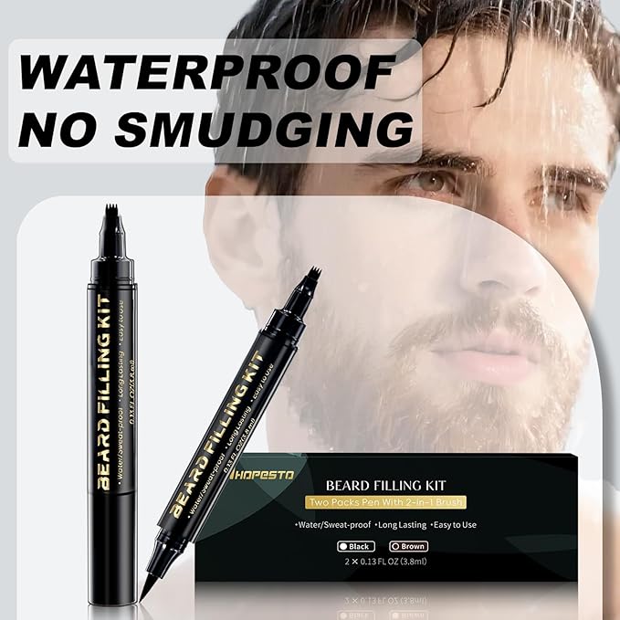 Beard Pen Beard Pencil Filler for Men Beard Filler 4 Tip Pen for Natural Looking Beard 2PCS Beard Pencil & 1PCS Double Head Beard Brush Double Head Four Fork Eyebrow Pencil Eyeliner (Dark Brown)
