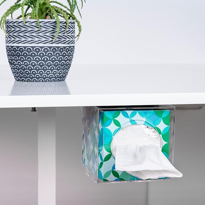 Facial Tissue Box Holder for Wall, Under Cabinet or Desk, RV, Bathroom, Small Spaces - Acrylic Wall Mounted Square Box Dispenser, Face Down or Sideways in Tight Areas