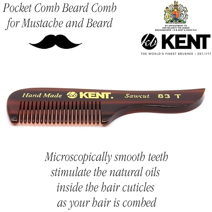 Kent 83T Small Gentleman's Beard and Mustache Pocket Comb, Fine Toothed Travel Size for Facial Hair Grooming and Styling. Saw-cut of Quality Cellulose Acetate, Hand Polished. Hand-Made in England
