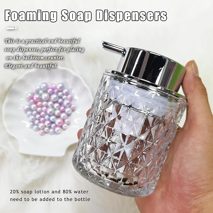 Glass Hand Foaming Soap Dispensers with Silver Pump Refillable Hand Soap Dispenser for Bathroom Kitchen (1Pack-D886)