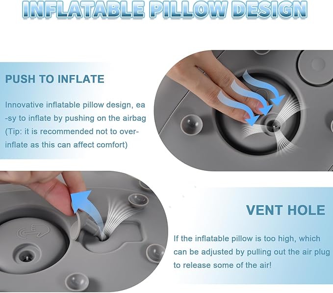 Silicone Bath Pillow for Tub – Ergonomic Bathtub Headrest with Inflatable Air Cushion, Non-Slip Suction Cups & Neck/Back Support – Comfortable Spa Bath Accessory for Relaxation (Grey)