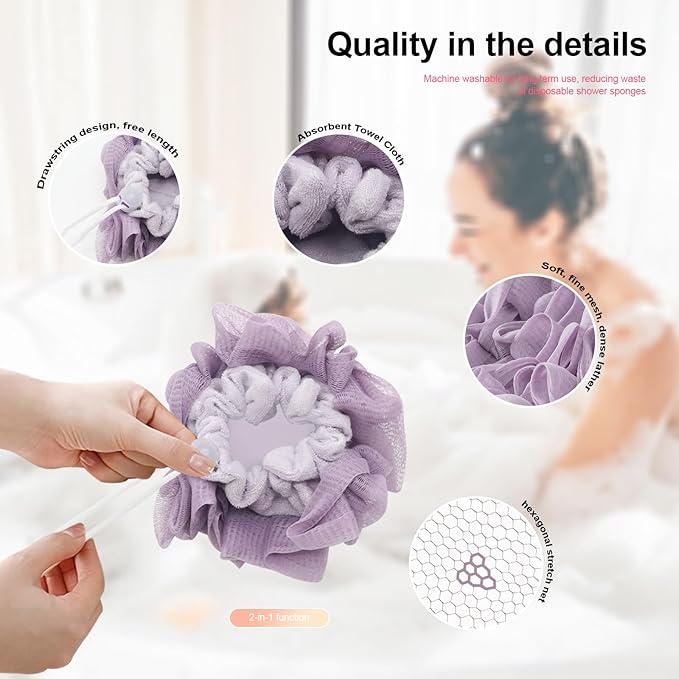 3-Pack Loofah Washcloth Combo 2-in-1, Soap Saver Pouch with Bar Soap Pocket, Exfoliating & Reusable Shower Sponge for Body Wash (Green, Purple, Khaki)