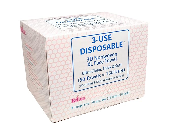3D Nonwoven Face Towels-XL 13”x10”, 50Cts=150 Uses, Cut Waste & Cost 70%, Ultra-Clean, Soft & Durable, Dual-Surface: Cleanse, Exfoliate, Includes Wash Bag & Hook