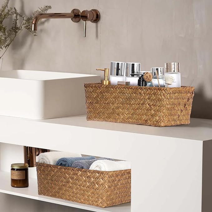 Set of 2 Wicker Storage Baskets for Shelves, Simple Organizing Basket for Home Shelf Baskets Woven Wicker Organizer Bins Shelf Baskets for Organizing Wardrobe Desktop Home Decor, Caramel