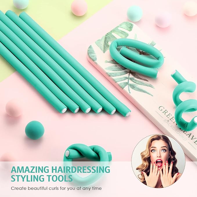 Syhood 30 Pcs 7'' Flexible Curling Rods Twist Foam Hair Rollers Soft Foam No Heat Hair Rods Rollers and 1 Steel Pintail Comb Rat Tail Comb for Women Long Short Hair(Lake Green,7 x 0.3 Inch)
