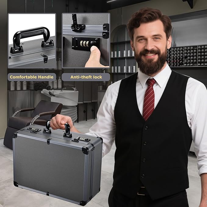 Professional Barber Case - Portable Barber Tool Case Hair Clipper Organizer with Combo Locks, Detachable Trays for Clippers, Shears, Razors, Trimmers - Secure Storage for Barbershop or Travel