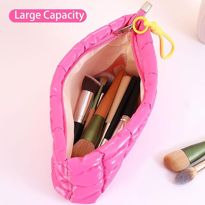 Puffer Quilted Makeup Bag Travel Cosmetic Bag Portable Puffy Checkered Toiletry Pouch Skincare Organizer Purse Pencil Case (White)
