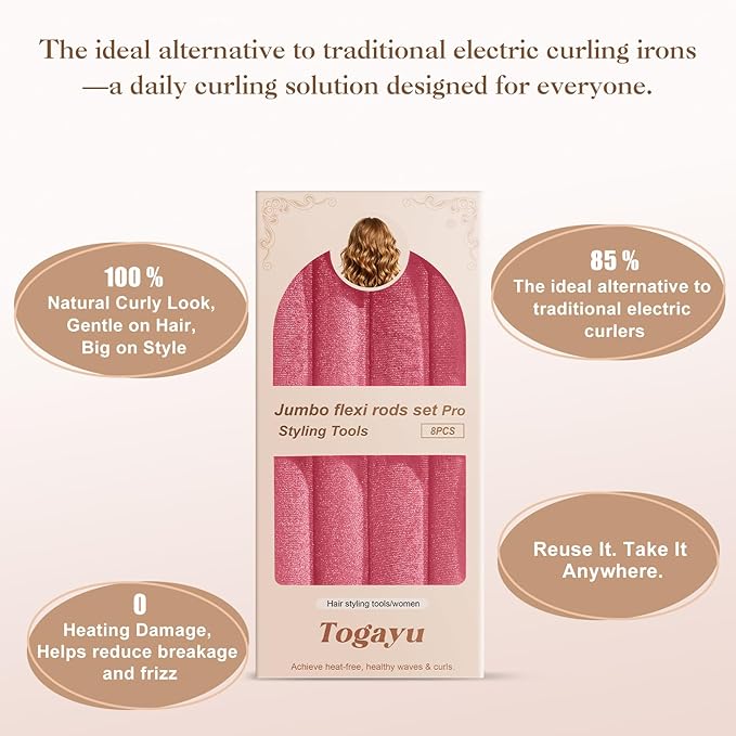 Heatless Curls Overnight Set - 8PCS Jumbo Velvet Hair Rollers to Sleep In, No-Damage Flexi Rods for Beautiful, Effortless Curls and Waves for Women