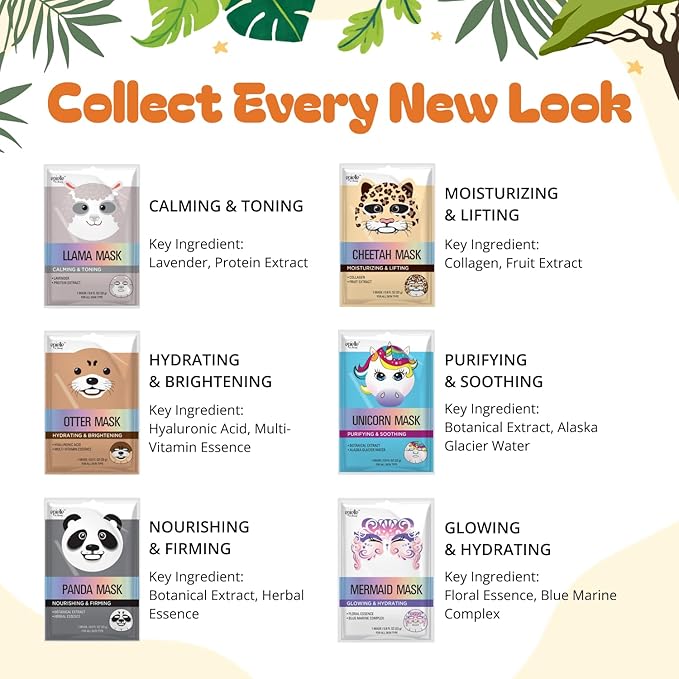 Epielle Character Face Mask Mystical Safari 12 Pack, Fun & Effective Korean Skin Care, Spa Party Favors, Easter Basket Stuffers, Birthday Gifts for Women, Self Care Gifts