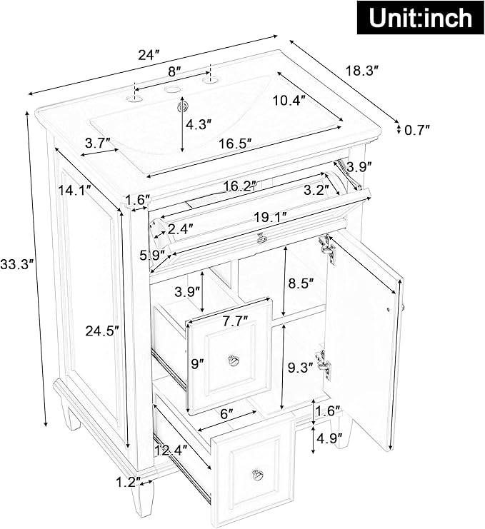 Harper & Bright Designs 24" Bathroom Vanity with Sink, Free Standing Single Basin Vanity Set with Tip-Out Drawer, 2 Drawers, and One Door, Wood Bathroom Cabinet with Ceramic Basin for Bathroom, White