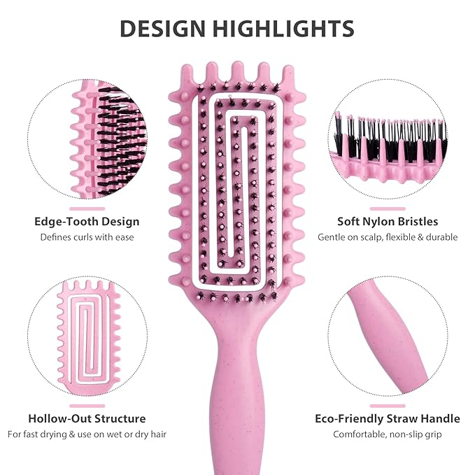 Curly Hair Brush, Curl Defining Brush for Women and Men, Effortless Detangling and Shaping for Curls, Waves and Coils, Reduces Pulling, Smooth Results (Pink)