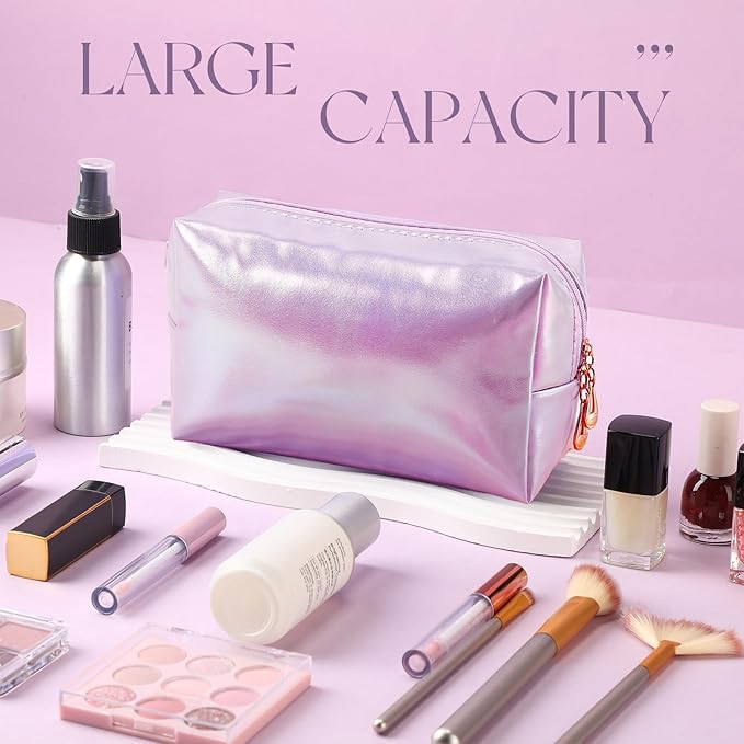 Kigeli 15 Pcs Aesthetic Makeup Bags PU Leather Cosmetic Pouches Waterproof Plain Toiletry Bags Makeup Pouches Bulk for Women Party Gift Travel Storage Organizer(Laser Color)