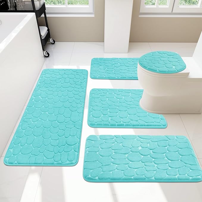YIHOUSE Bathroom Rugs Mat Set 5 Piece Teal, Memory Foam Bath Mats Sets, Non Slip Water Absorbent Washable Bath Rugs for Sink, Toilet and Floor