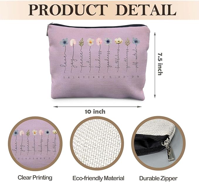 Christian Gifts Makeup Bag, Floral Christian Cosmetic Bags for Women, Galatians 5:22-23 Bible Verse Makeup Pouch, Faith Based Gifts Zipper Pouch（purple