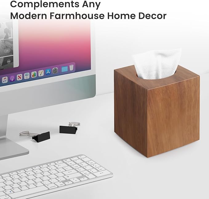 Tissue Box Cover, Square Facial Acrylic Tissue Holder with 2 Pack Clear Qtip Holder Dispenser for Cotton Swabs, Bathroom Essentials Accessories Decor, Vanity Makeup Countertops -Wood Grain