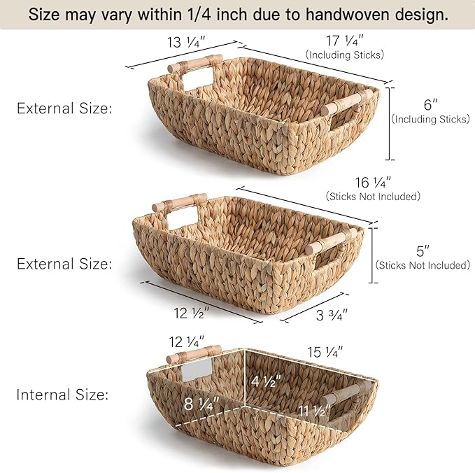 StorageWorks Hand-Woven Storage Baskets with Wooden Handles, Water Hyacinth Wicker Baskets for Organizing, 2 Pack