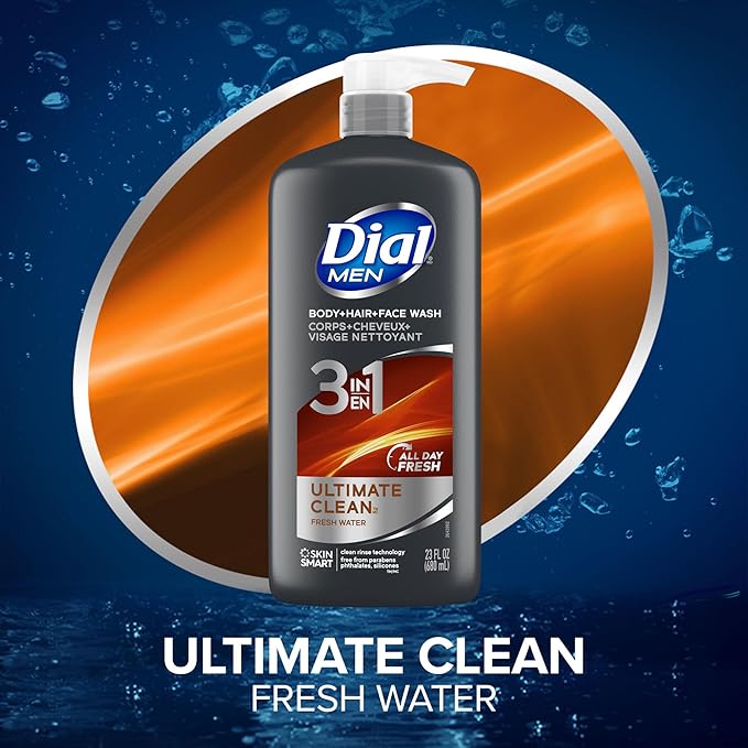Dial Men 3 in 1 Body,Hair and Face Wash,Refresh,16 Fl Oz,Cleanses Deep + Gentle on Skin with Clean Rinse Technology,(Pack of 6)