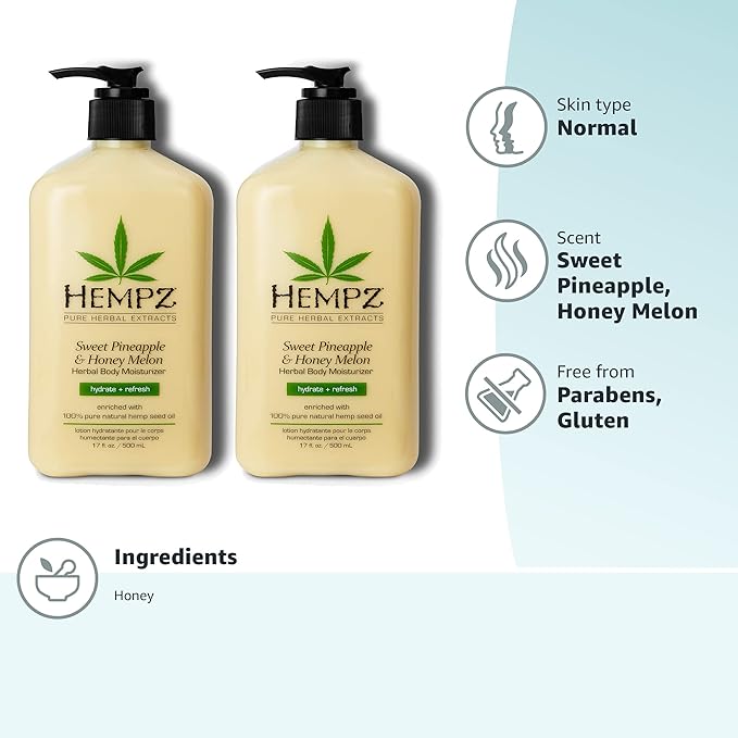 Hempz Sweet Pineapple & Honey Melon Moisturizing Skin Lotion, Body Moisturizer with Jojoba, Natural Extracts, Vitamin A and E, 17 oz, 2 Pack Bundle