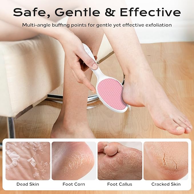 Foot File, Nano Glass Foot File Callus Remover with Handle, 2-in-1 Foot Scrubber Dead Skin Remover, Gentle Exfoliation Foot Buffer Pedicure Tools for Feet-Pink