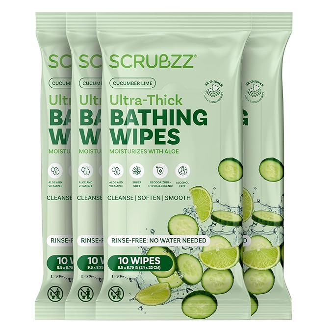 Extra Large Bath Wipes for Adults Bathing No Rinse - 40 Disposable Body Cleansing Wipes for Men, Women & Elderly - Great for Gym, Camping, Post Surgery - Shower Wipes - Cucumber Lime