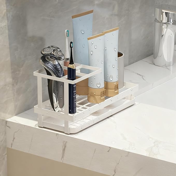 Toothbrush Holders for Bathroom,Carbon Steel Bathroom Organizer Countertopr for Electric Toothbrush,Toothpaste and Razors-Which is Perfect for Countertop Storage,Shower,Sink (White)