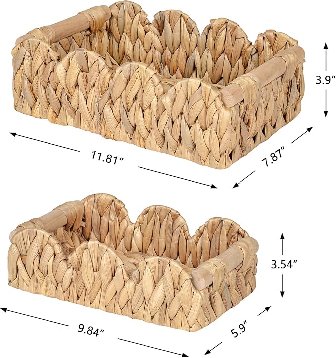 Scalloped Wicker Rattan Baskets for Shelf, Toilet Paper Storage Basket for Over Toilet Storage Shelf, End Table, Living Room, Bedroom, Shelves, Handwoven Farmhouse Home Decor, Natural Set 2