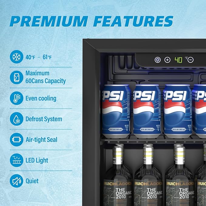 Compact Beverage Refrigerator,60 Can/1.3 Cubic Feet Fridge with Glass Front Door for Soda, Beer or Wine, Under Counter Small Refrigerator with Adjustable Shelve & Digital Display