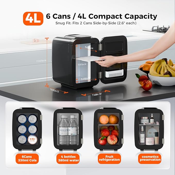 Mini Fridge, 4 Liter/6 Can Mini Makeup Fridge, 110V AC/ 12V DC Portable Thermoelectric Cooler&Warmer for Skincare, Drink, Cosmetic, Medicine, Small fridge for Bedroom, Office, Dorm, Car, Black