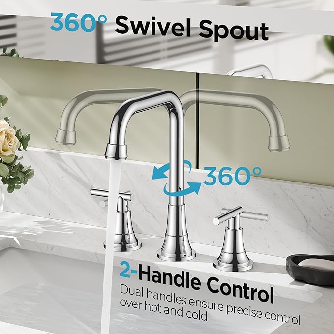 FORIOUS Widespread Bathroom Faucets Polished Chrome, 3 Hole Faucet for Bathroom Sink with Pop Up Drain for 8 Inch Vanity RV Camper Lavatory Sink