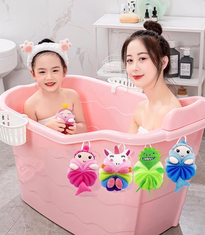 MURRI&MURRDI 4 Pack Kids Bath Sponges - Cute Animal Shower Pouf Set, Gentle Exfoliating Body Scrubber for Toddlers, Cartoon Mesh Loofah Gift for Boys & Girls