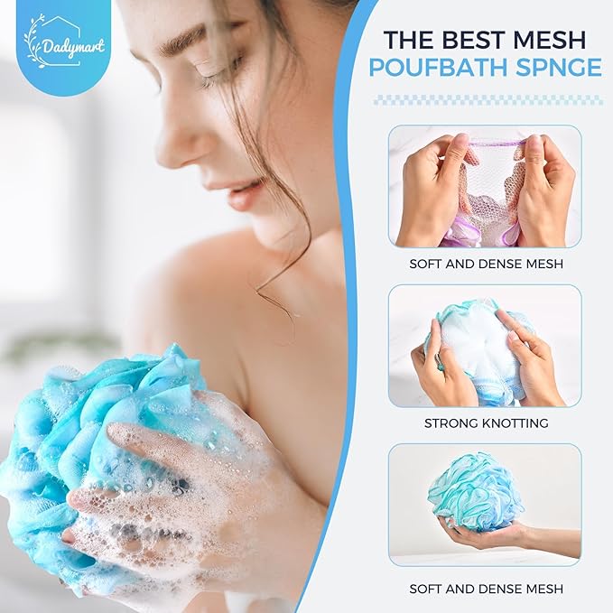 Shower Loofah Sponge Pouf – XL Exfoliating Bath Puff Body Scrubber, Soft Mesh Shower Sponge with Reinforced Knot, Rich Lather, Set of 4 for Women and Men