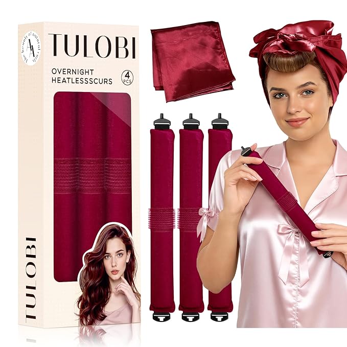 TULOBI 3 Pcs Heatless Curls Overnight - Upgraded Velvet Heatless Hair Curler with Velcro Fastener, Overnight Jumbo Blowout Rods, Hair Curlers to Sleep in for All Hair Types (Burgundy)