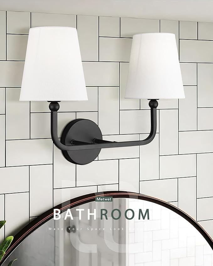 2-Light Bathroom Vanity Light Fixtures in Matte Black Finish, Modern Bedside Wall Sconces with Flared White Fabric Shade for Bathroom, Hallway, Living Room, Kitchen, VL837-MB-2