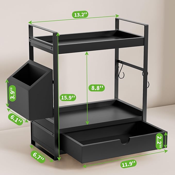Kottwca Bathroom Counter Organizer with Drawer, 2-Tier Wood Countertop Organizer for Storage, Vanity Skincare Organizers, Bathroom Sink Shelf for Organization (Black)